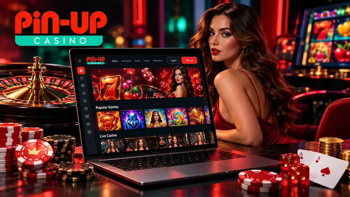 Noutbukda Pin Up Casino lobbisi: slotlar va ruletka, yonida qizil ko'ylakli qiz