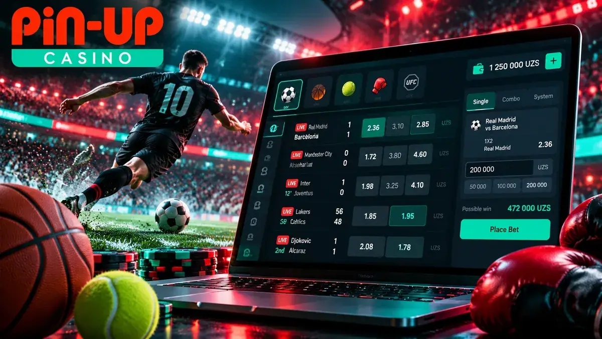 Noutbukdagi Pin Up sport liniyasi garov kuponi bilan, atrofda futbol to'pi va sportchilar